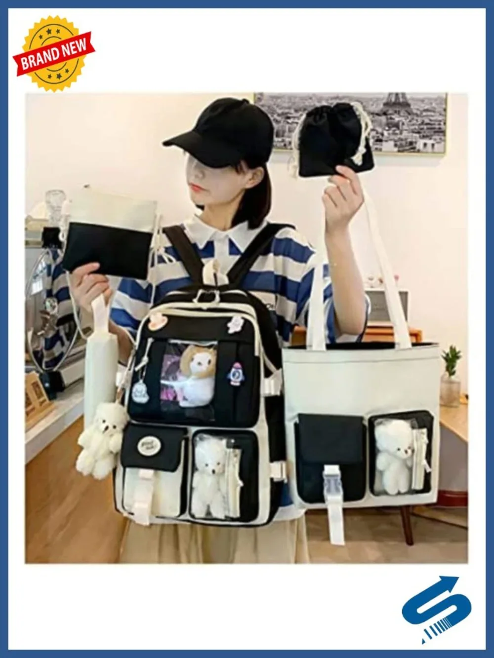 Kawaii Cute Nylon Backpack Set 17in Sports Bag w/ Shoulder Bag Pencil Case Tote